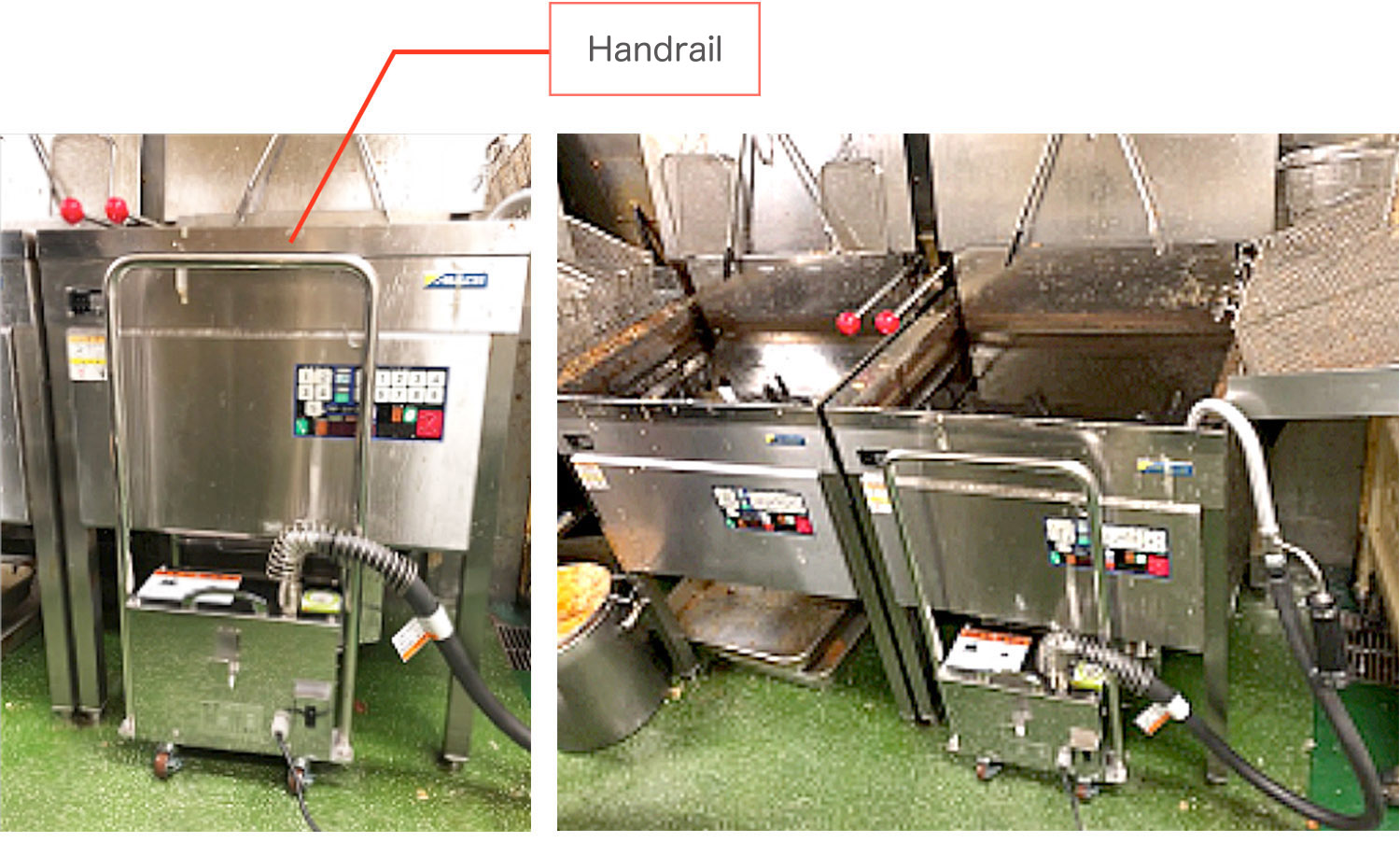 We added a handrail to the oil filter machine. Now, employees can move the oil filter machine around like a push cart, reducing the stress on the lower back. The client was very pleased with this solution.